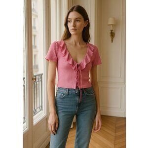 ZARA Pink Ruffle Front Tie Top Size Medium Barbiecore Preppy Cute Crop